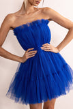 Aella Cobalt Blue Bandeau Volume Pleated Tulle Mini Dress