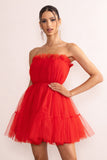 Aella Red Bandeau Volume Pleated Tulle Mini Dress