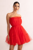 Aella Red Bandeau Volume Pleated Tulle Mini Dress