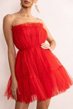Aella Red Bandeau Volume Pleated Tulle Mini Dress