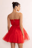 Aella Red Bandeau Volume Pleated Tulle Mini Dress