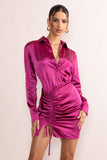 Francine Orchid Satin Ruched Long Sleeve Shirt Mini Dress
