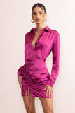 Francine Orchid Satin Ruched Long Sleeve Shirt Mini Dress
