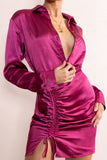 Francine Orchid Satin Ruched Long Sleeve Shirt Mini Dress