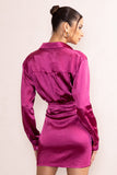 Francine Orchid Satin Ruched Long Sleeve Shirt Mini Dress