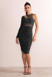 Olivia Black Mesh One Shoulder Layered Midi Dress With Ruching
