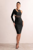 Olivia Black Mesh One Shoulder Layered Midi Dress With Ruching