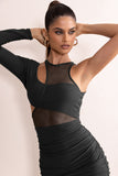 Olivia Black Mesh One Shoulder Layered Midi Dress With Ruching
