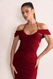 Dulcie Burgundy Halter Neck Cut Out Ruched Midi Dress