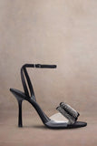 Bowing Black Satin Heeled Sandals With Diamante Bows