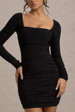 Muse Black Long Sleeve Square Neck Ruched Mini Dress