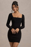 Muse Black Long Sleeve Square Neck Ruched Mini Dress