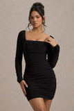 Muse Black Long Sleeve Square Neck Ruched Mini Dress