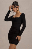 Muse Black Long Sleeve Square Neck Ruched Mini Dress
