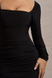 Muse Black Long Sleeve Square Neck Ruched Mini Dress