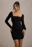 Muse Black Long Sleeve Square Neck Ruched Mini Dress