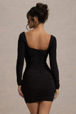 Muse Black Long Sleeve Square Neck Ruched Mini Dress