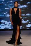 Whimsical Black Chiffon Plunge Fishtail Maxi Dress With Scarf Design