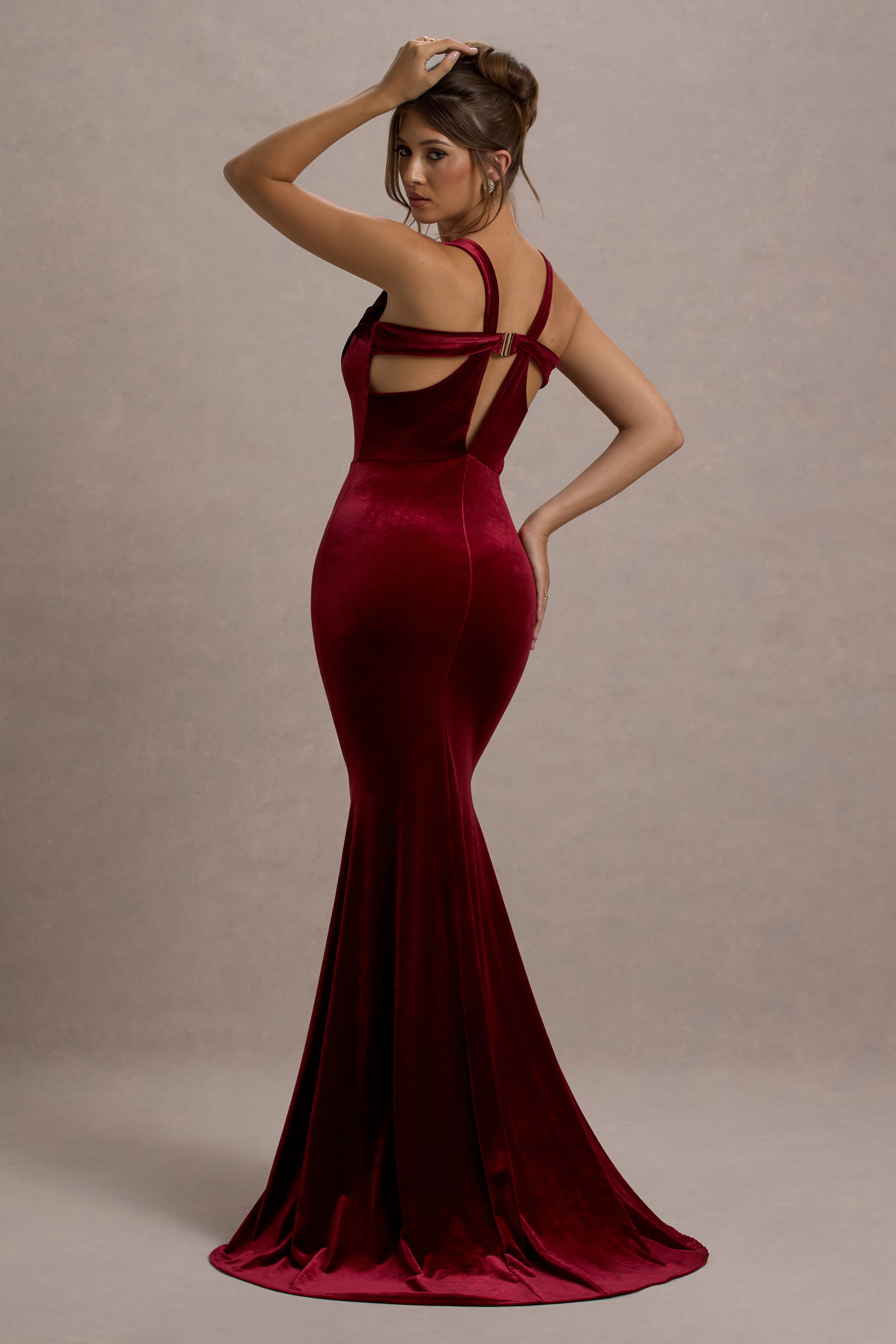 Elisabetta Berry Velvet Plunge-Neck Fishtail Maxi Dress