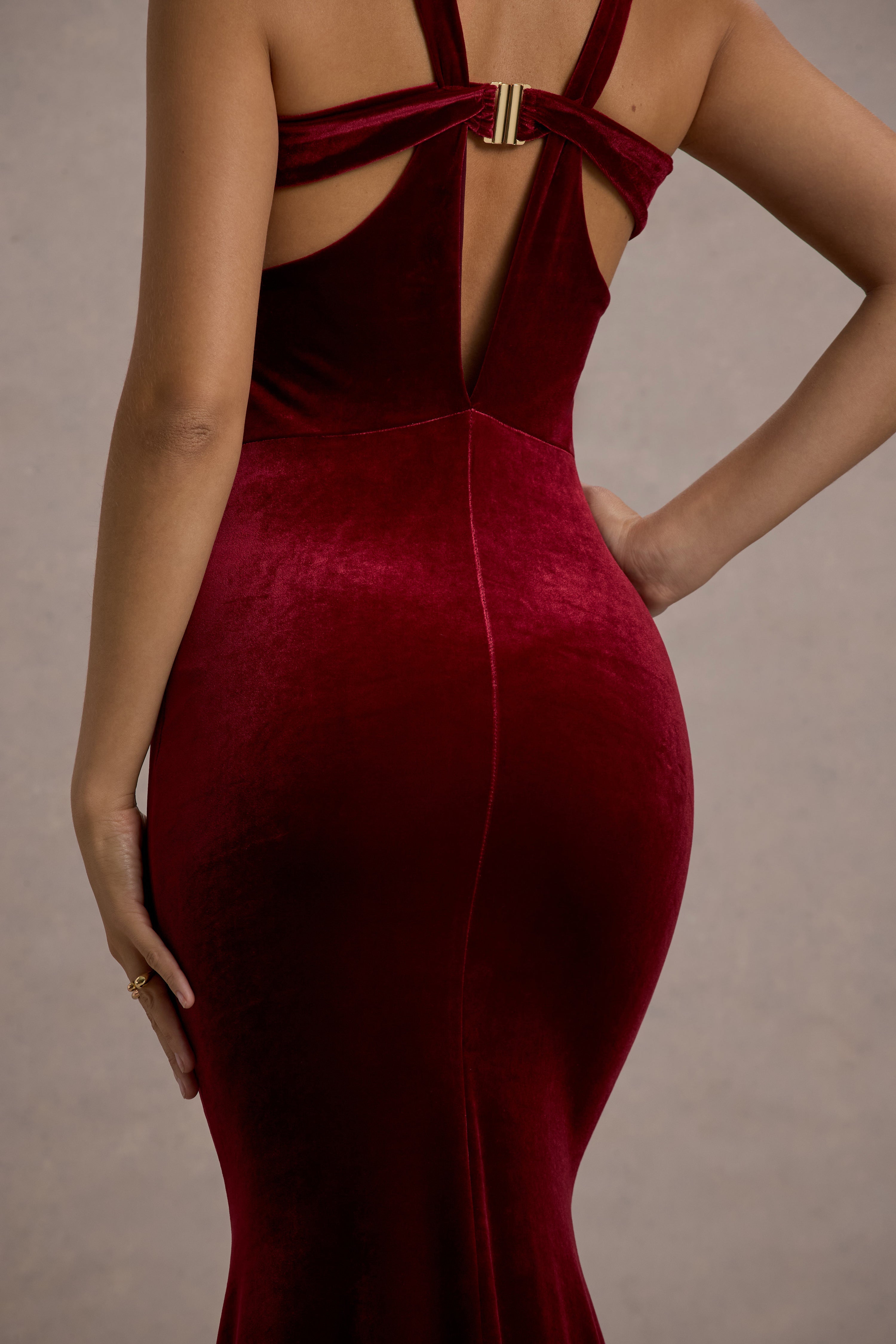 Elisabetta Berry Velvet Plunge-Neck Fishtail Maxi Dress