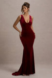 Elisabetta Berry Velvet Plunge-Neck Fishtail Maxi Dress