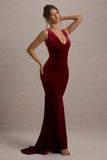 Elisabetta Berry Velvet Plunge-Neck Fishtail Maxi Dress
