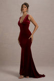 Elisabetta Berry Velvet Plunge-Neck Fishtail Maxi Dress