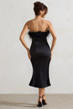 One And Only Black Satin Feather Trim Bandeau Midi Dress