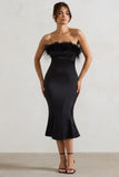 One And Only Black Satin Feather Trim Bandeau Midi Dress