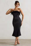 One And Only Black Satin Feather Trim Bandeau Midi Dress