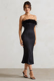 One And Only Black Satin Feather Trim Bandeau Midi Dress