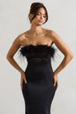 One And Only Black Satin Feather Trim Bandeau Midi Dress