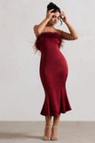 One And Only Berry Satin Feather Trim Bandeau Midi Dress