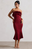 One And Only Berry Satin Feather Trim Bandeau Midi Dress