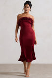 One And Only Berry Satin Feather Trim Bandeau Midi Dress