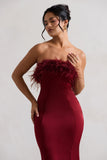 One And Only Berry Satin Feather Trim Bandeau Midi Dress