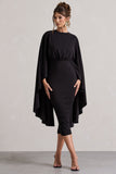 Tranquility Black Gathered Midi Dress With Cape