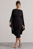 Tranquility Black Gathered Midi Dress With Cape