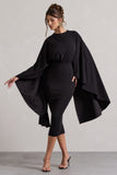 Tranquility Black Gathered Midi Dress With Cape