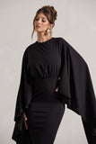 Tranquility Black Gathered Midi Dress With Cape