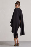 Tranquility Black Gathered Midi Dress With Cape