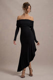Romina Black Rib Knit Bardot Maxi Dress With Asymmetric Hem