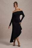 Romina Black Rib Knit Bardot Maxi Dress With Asymmetric Hem