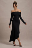 Romina Black Rib Knit Bardot Maxi Dress With Asymmetric Hem