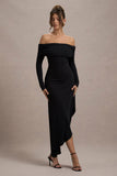 Romina Black Rib Knit Bardot Maxi Dress With Asymmetric Hem