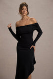 Romina Black Rib Knit Bardot Maxi Dress With Asymmetric Hem