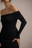 Romina Black Rib Knit Bardot Maxi Dress With Asymmetric Hem