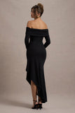 Romina Black Rib Knit Bardot Maxi Dress With Asymmetric Hem