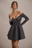 Riva Black Polka Dot Bardot Long-Sleeve Mini Dress