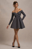 Riva Black Polka Dot Bardot Long-Sleeve Mini Dress
